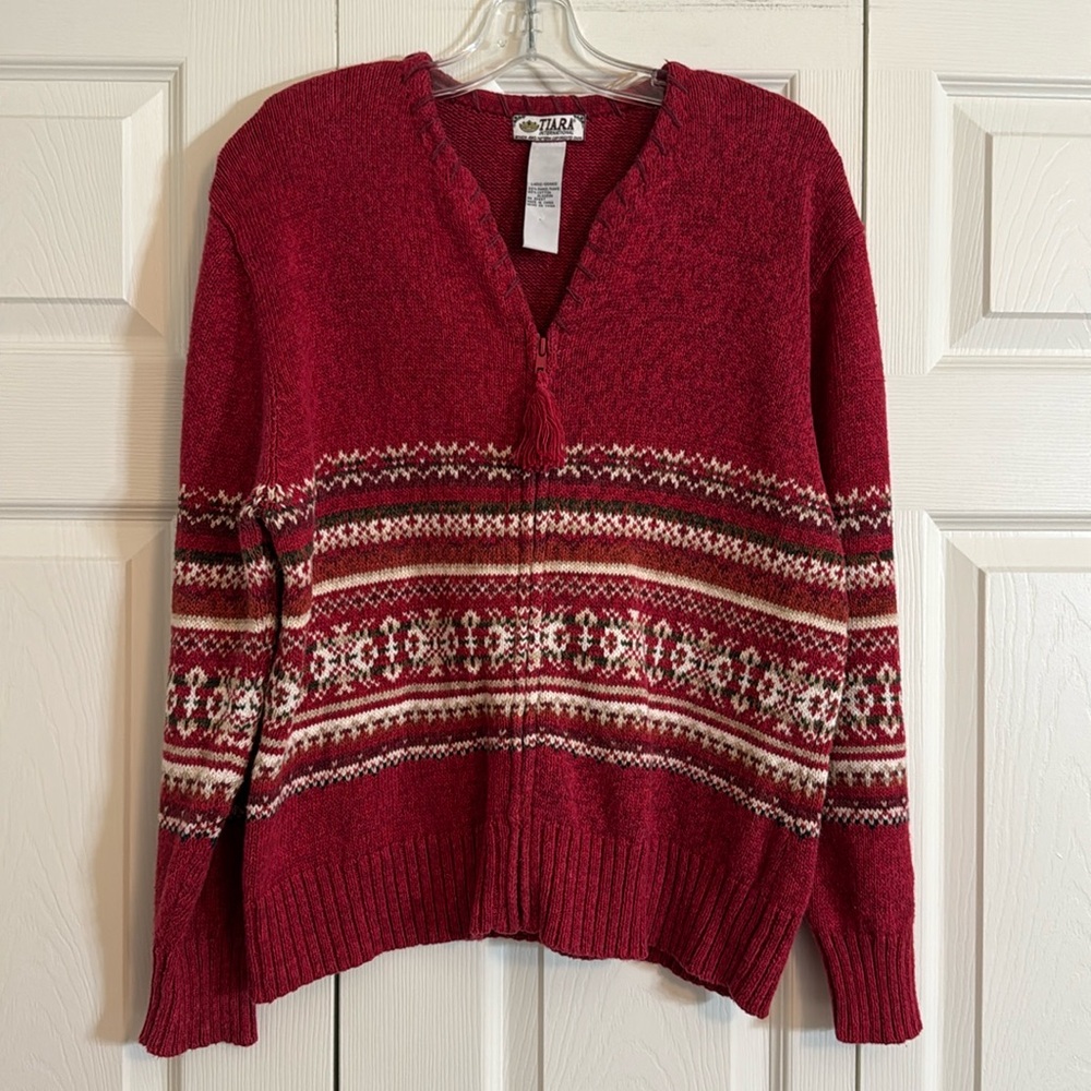 Red Fair Isle Cardigan Sweater Women’s L Zip Front Tassel. G1